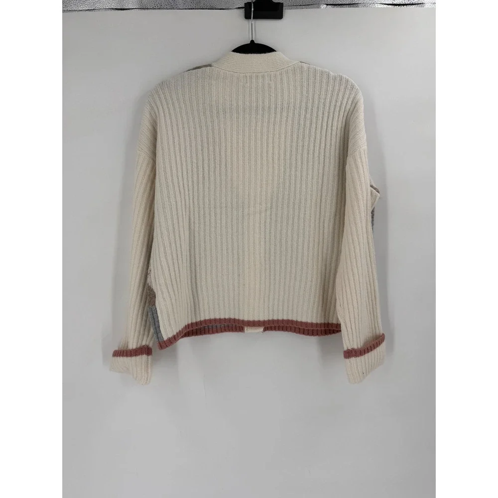 Rachel Zoe Argyle Cardigan Womens Small Cream Grey V-Neck Preppy Oxford Academia